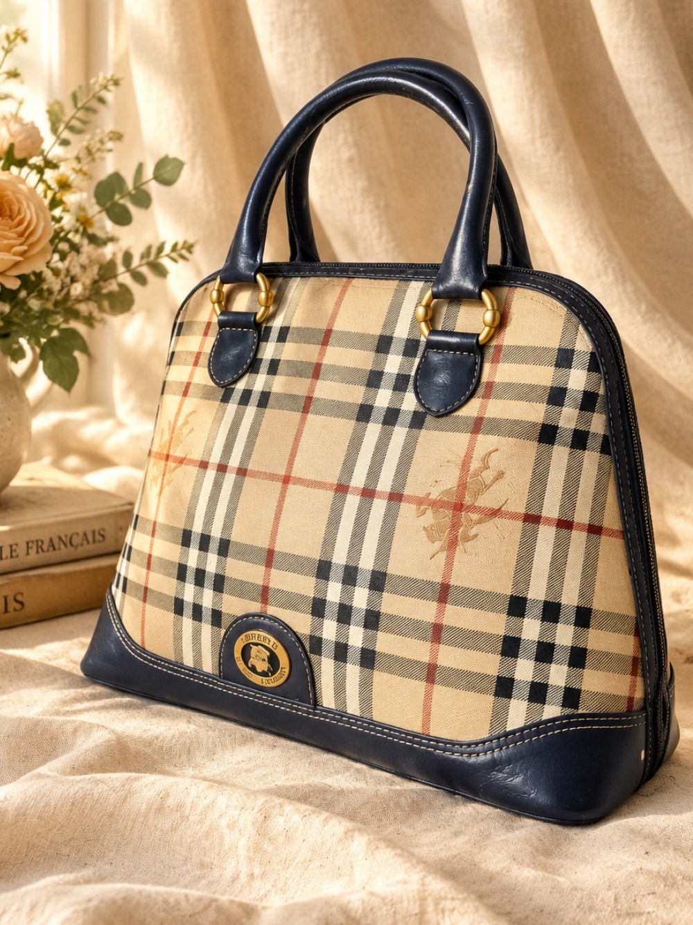 Burberry Alma Check Handbag with Black Leather Trim.